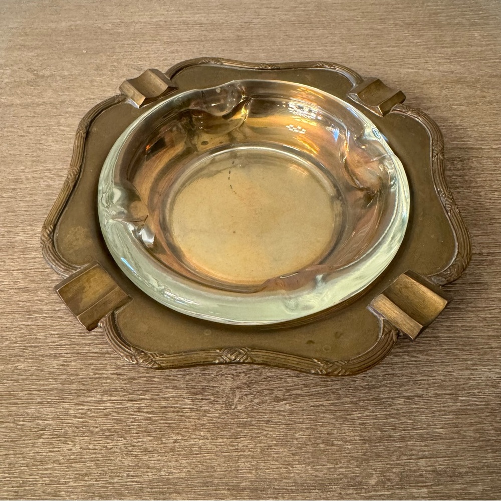 Vintage Brass Ashtray Glass Insert Large 8” MCM Hollywood India Catchall Tray